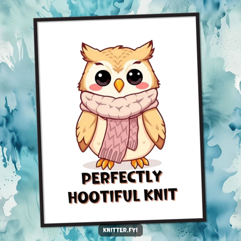 Funny owl knitting digital art print of a happy owl proudly showing off a knitted scarf, high-quality download.