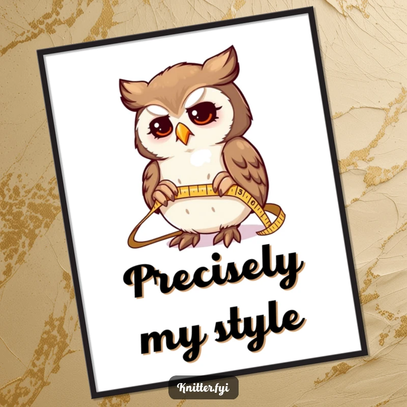 Funny digital art print of a determined owl character expertly measuring fabric with a tiny, shiny tape measure, celebrating precision.