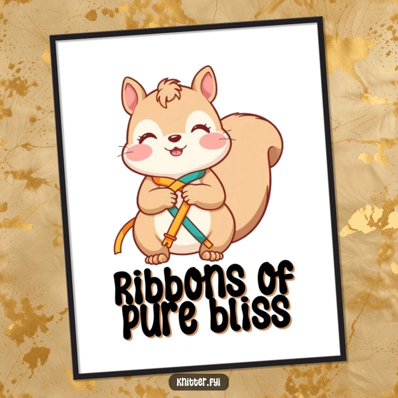 Funny squirrel digital art print of a contented character happily knotting bright ribbons together, ideal for decor.