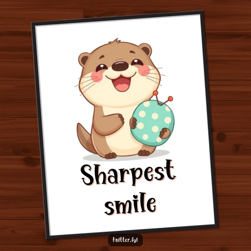 Funny digital art print of a happy otter holding a miniature pincushion and smiling widely, suitable for framing.