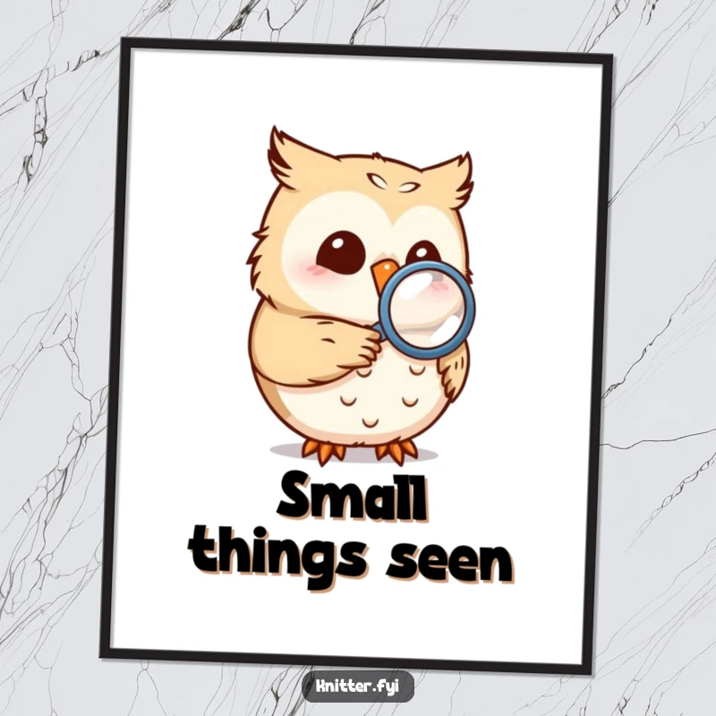 Funny owl digital art print showing a smiling owl with a magnifying glass inspecting a seam, humorous downloadable art.