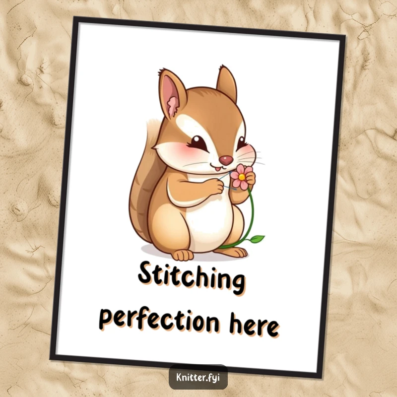 Funny digital art print depicting a squirrel with needle and thread, skillfully stitching a tiny flower with concentration.