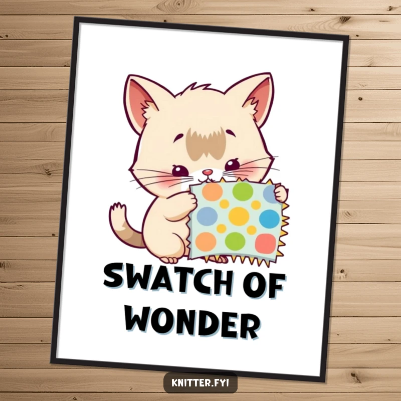 Funny digital art print: A curious creature with twitching whiskers examines a colorful pattern swatch, representing thoughtful observation.