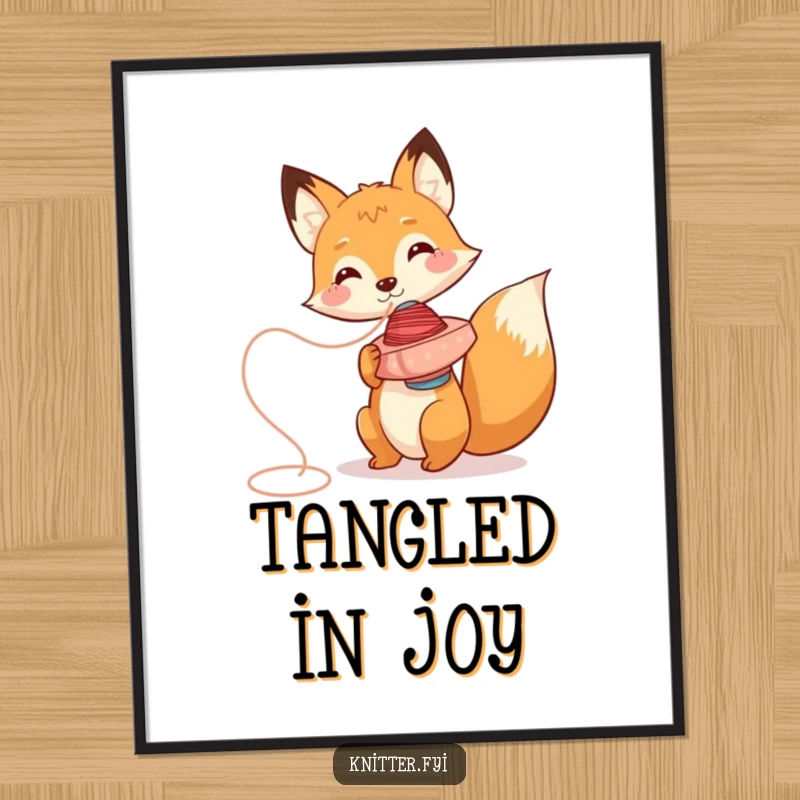 Funny fox digital art print, playfully spinning thread, charming and humorous decor.