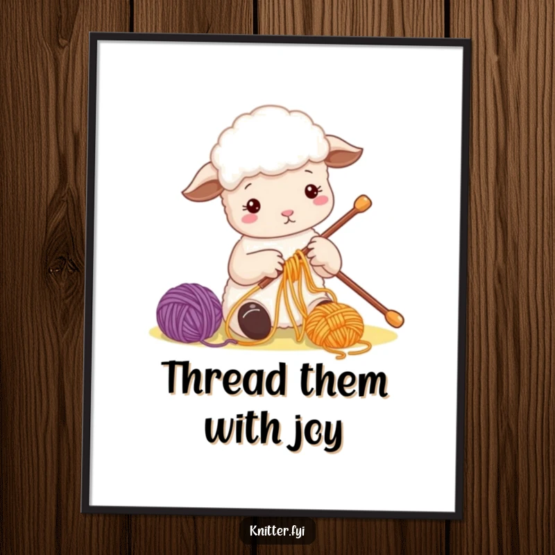 Funny Sheep Digital Art Print of a cute sheep character busily threading colorful yarn onto a large needle, for home decor.