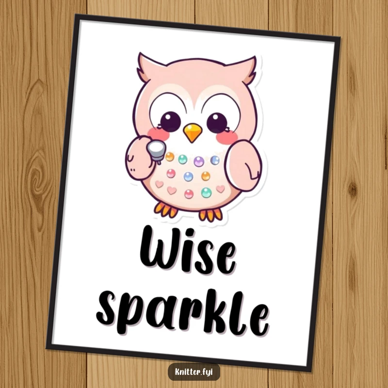Funny Kawaii owl character meticulously tapping a sequin with a thimble, a downloadable digital art print for charming decor.