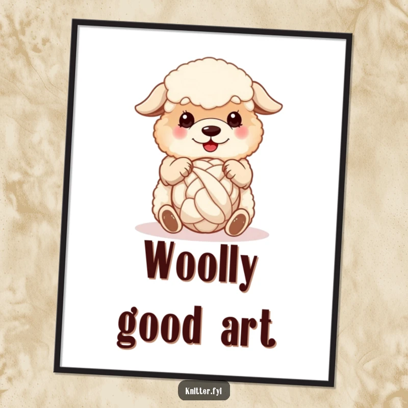 Funny sheepdog digital art print, a fluffy dog happily spinning a ball of wool with its paws, downloadable charm.