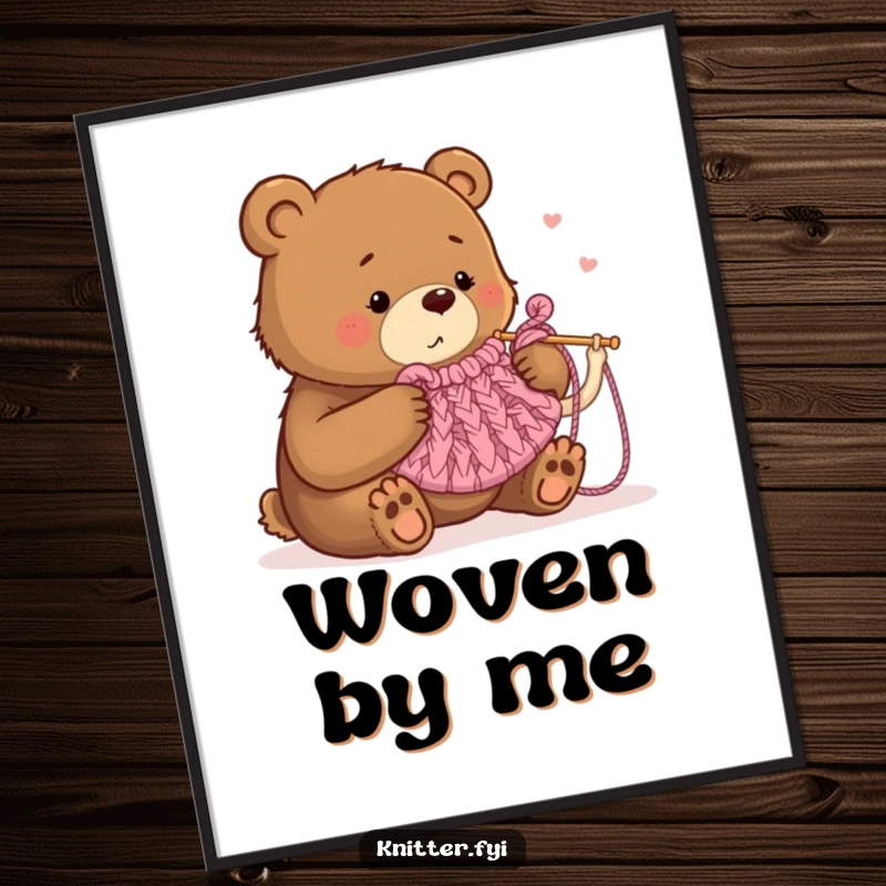 Funny digital art print of a bear humorously trying to knit a tea cozy with oversized needles, for wall decor.