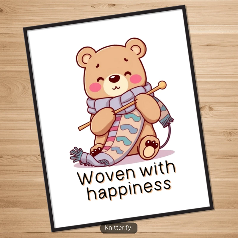 Funny digital art print of a cheerful bear character knitting a long, vibrant scarf with oversized needles, celebrating cozy crafts.