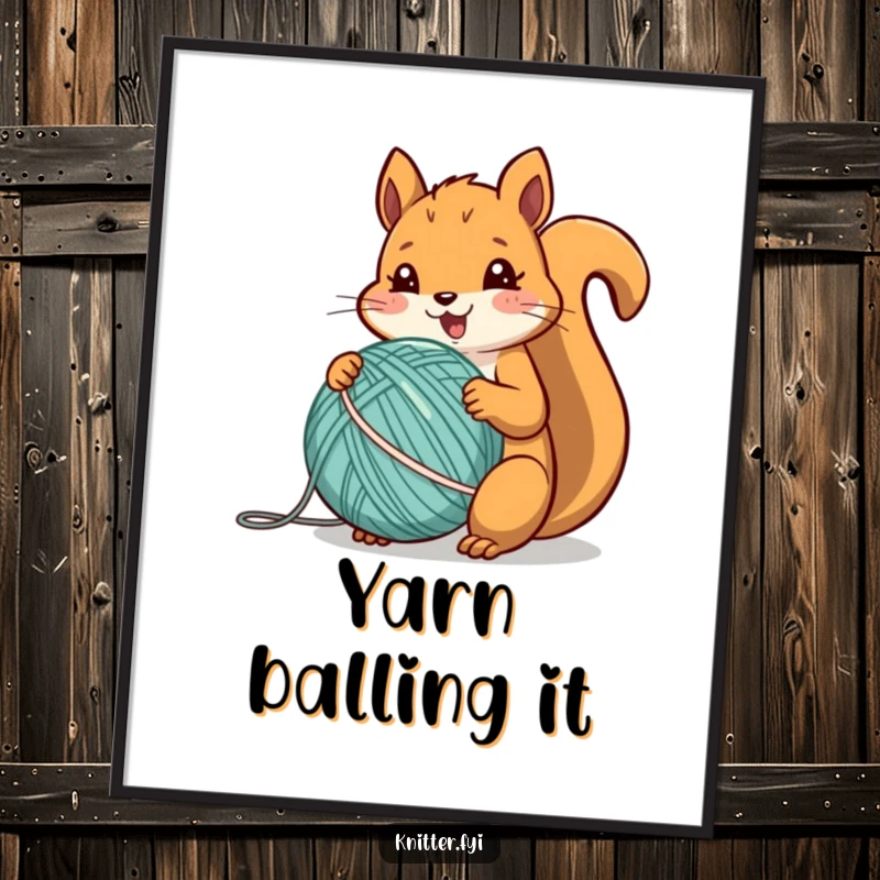 Funny squirrel digital art print of a cheerful animal enthusiastically winding a perfect ball of yarn.