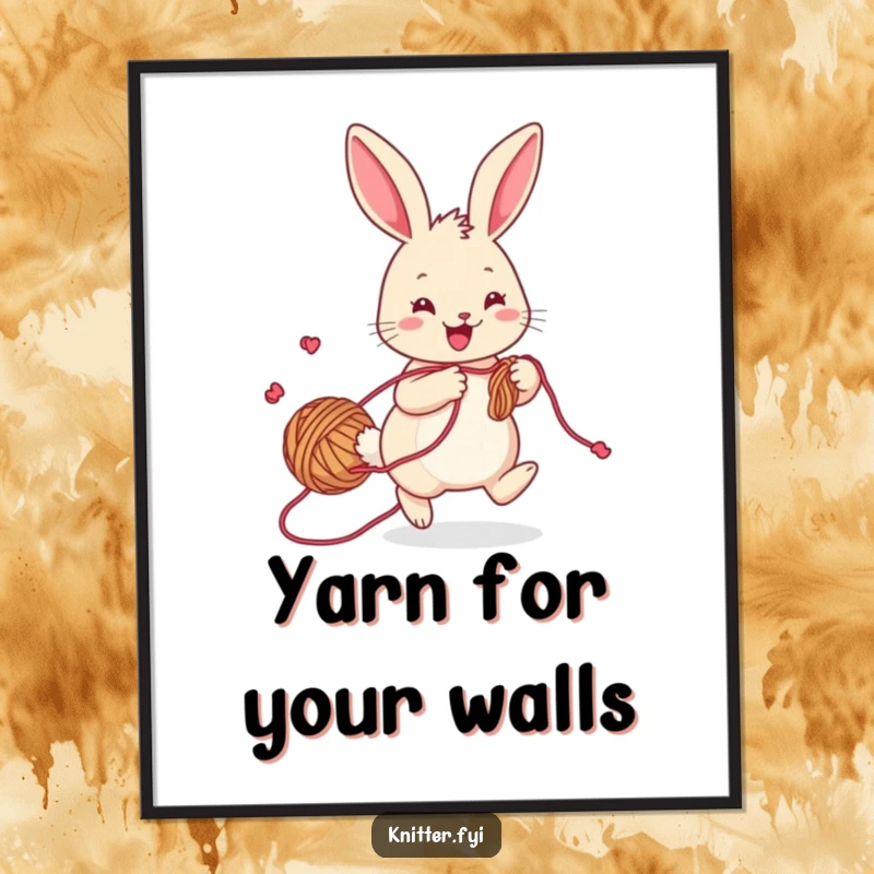 Funny rabbit digital art print, a cheerful bunny with yarn trailing, hopping playfully while knitting, downloadable charm.