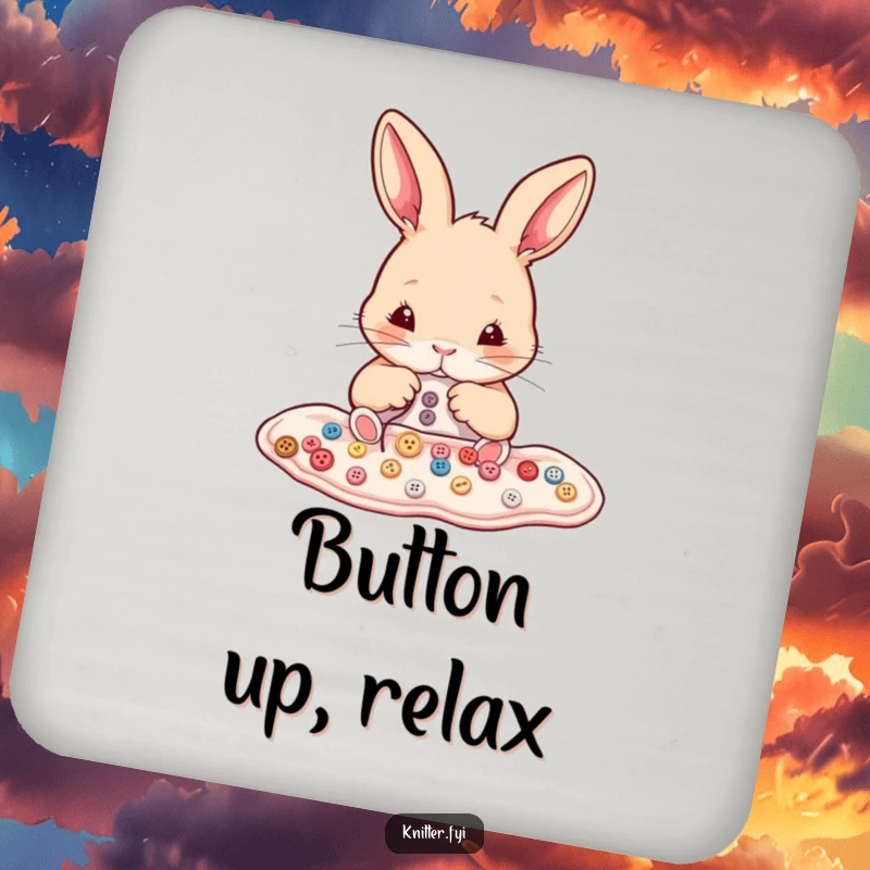 Funny rabbit coasters featuring a determined bunny meticulously sewing tiny buttons onto fabric. Protects surfaces with humor.