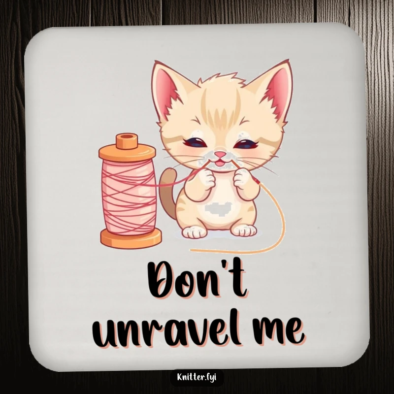 Funny kitten drink coaster featuring a curious cat pulling loose thread from a yarn spool, protecting surfaces with humor.