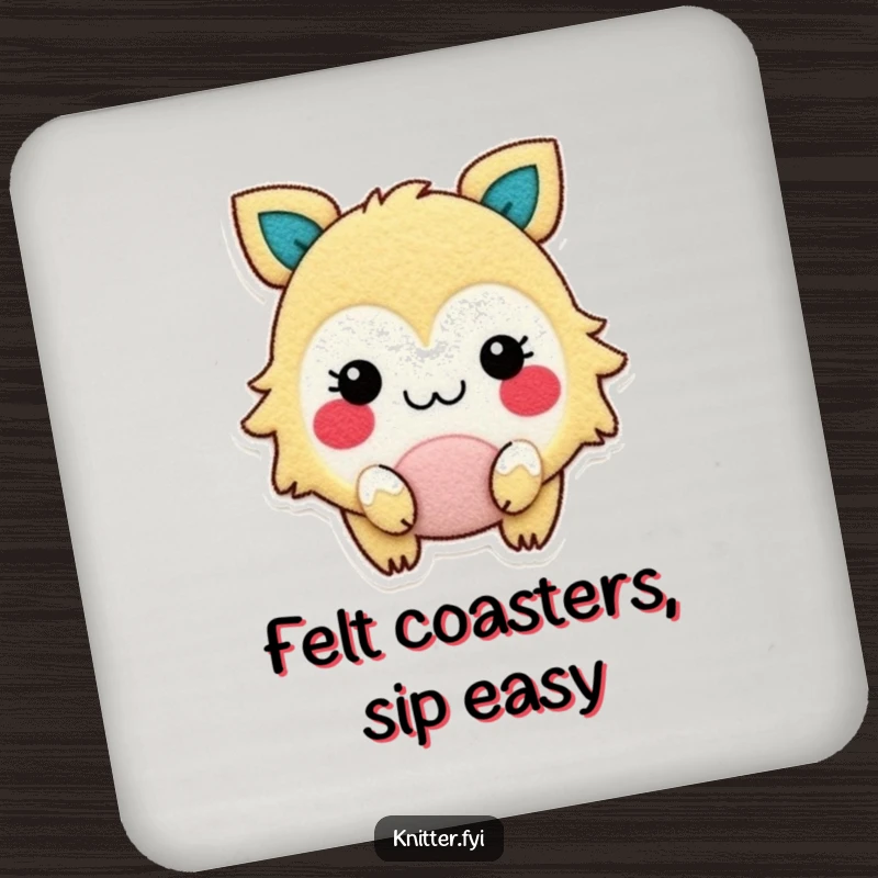Funny coaster showing a gleeful creature with rosy cheeks, happily cutting felt, protecting furniture with a smile.