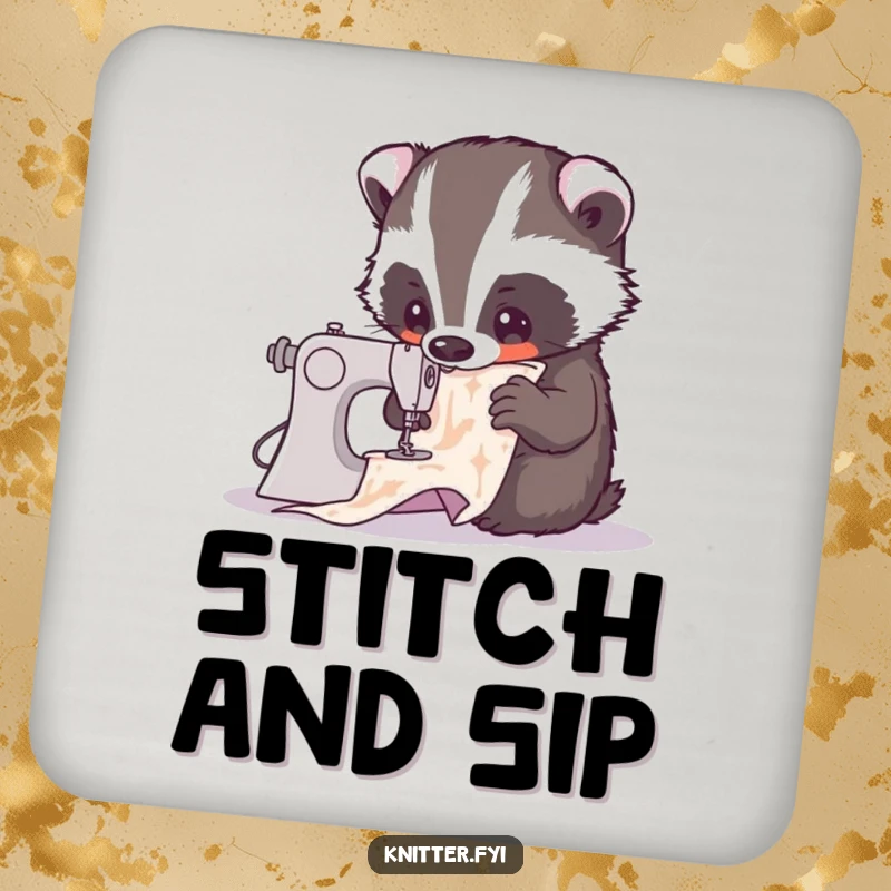 Funny drink coaster featuring a curious badger examining a complex sewing pattern. Charming and protective for tables, a perfect funny gift.