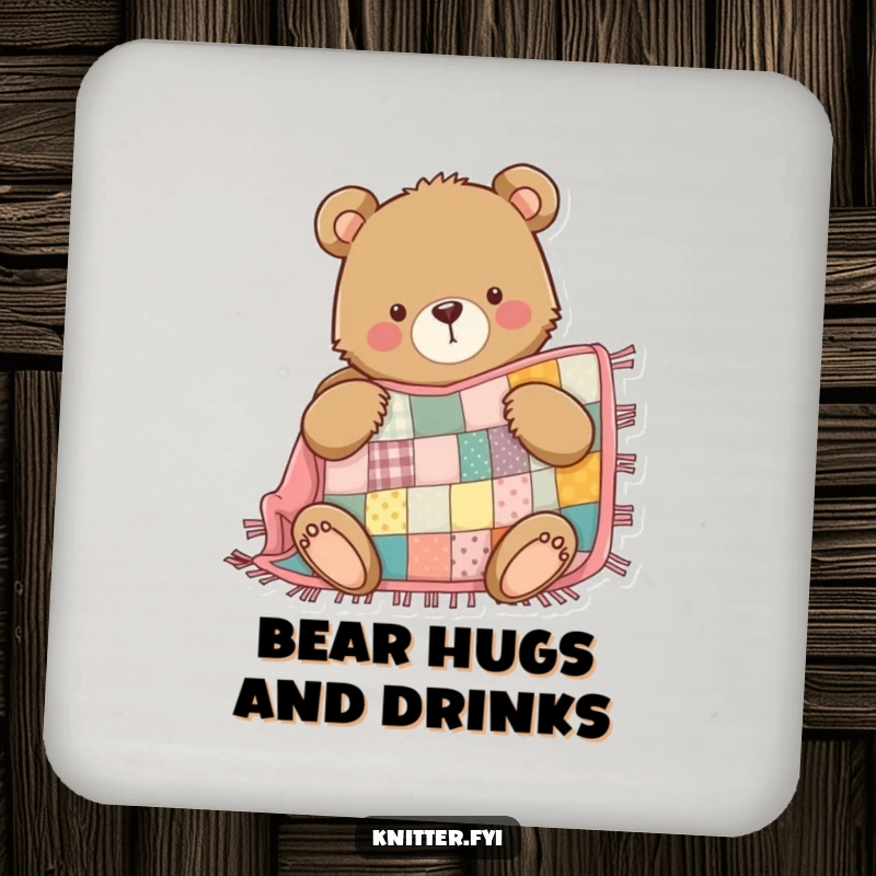 Funny Bear Drink Coaster: A determined bear proudly sews a patchwork quilt, offering humorous surface protection.