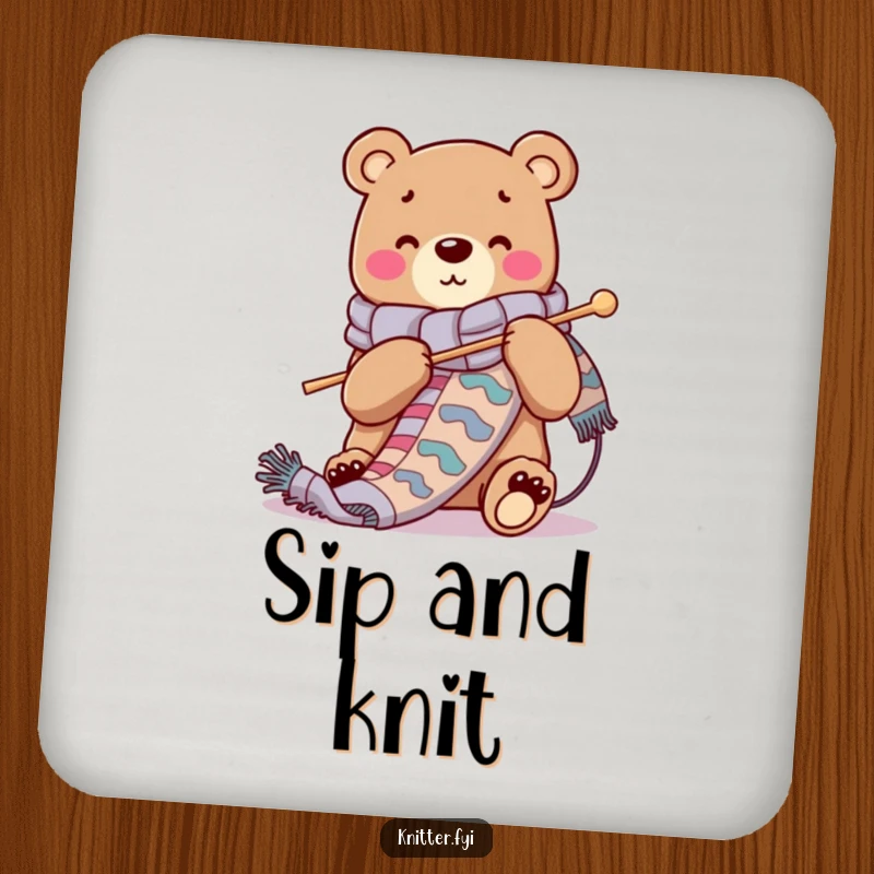 Funny drink coaster with a cheerful bear character knitting a long, vibrant scarf, adding a touch of crafting warmth.