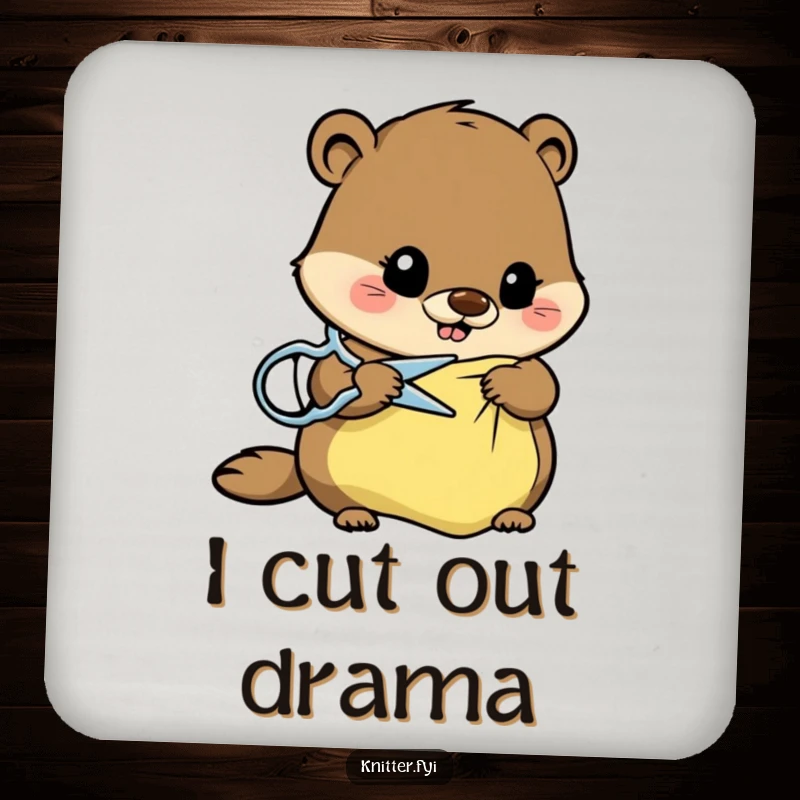 Funny beaver coaster featuring a busy beaver with scissors, a humorous way to protect tables during craft sessions.