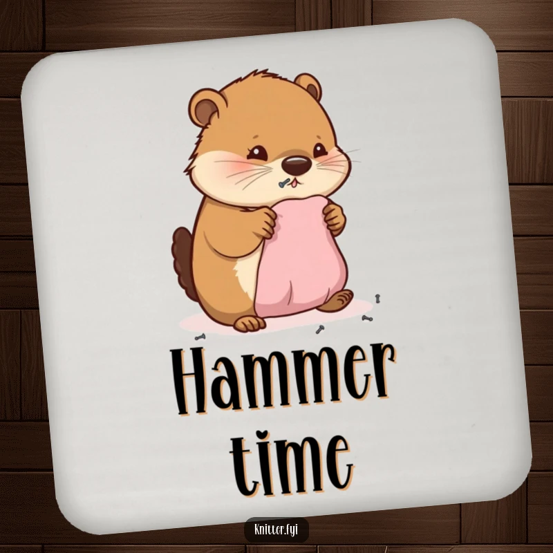 Funny coaster showing a happy beaver diligently hammering small nails into miniature fabric, protecting surfaces with charm.