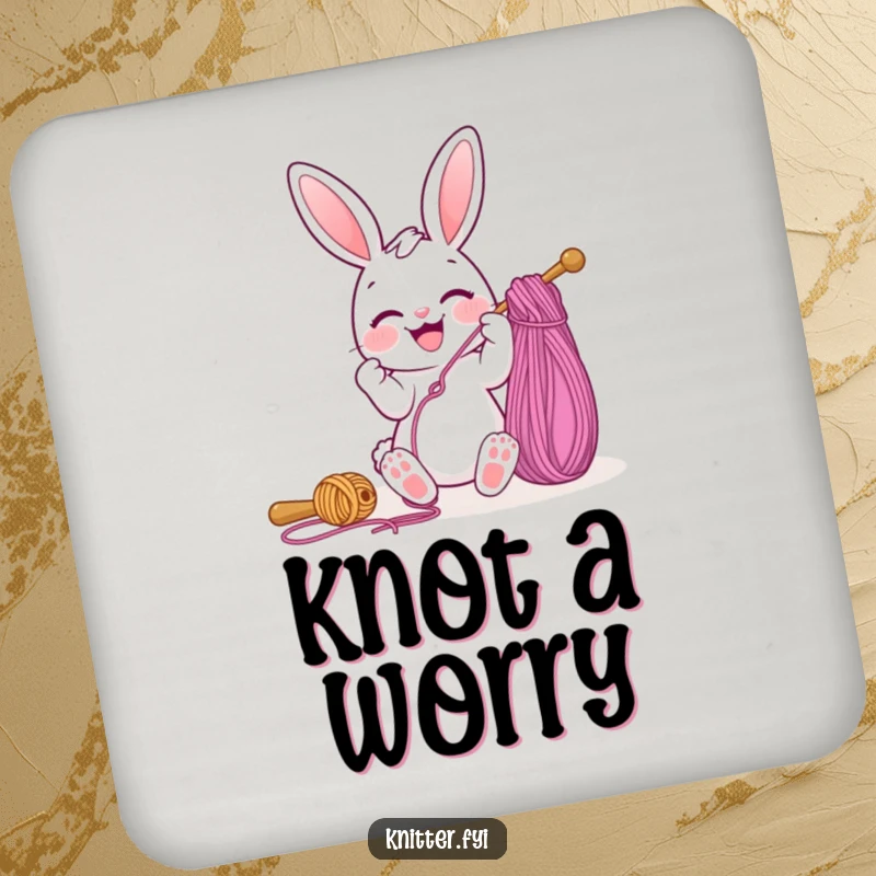Funny drink coaster featuring a happy bunny character threading a large sewing needle with colorful yarn, adding charm to any table.