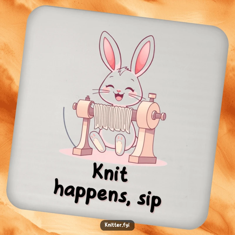 Funny bunny coaster featuring a happy rabbit grinning while operating a knitting machine, adding decor.