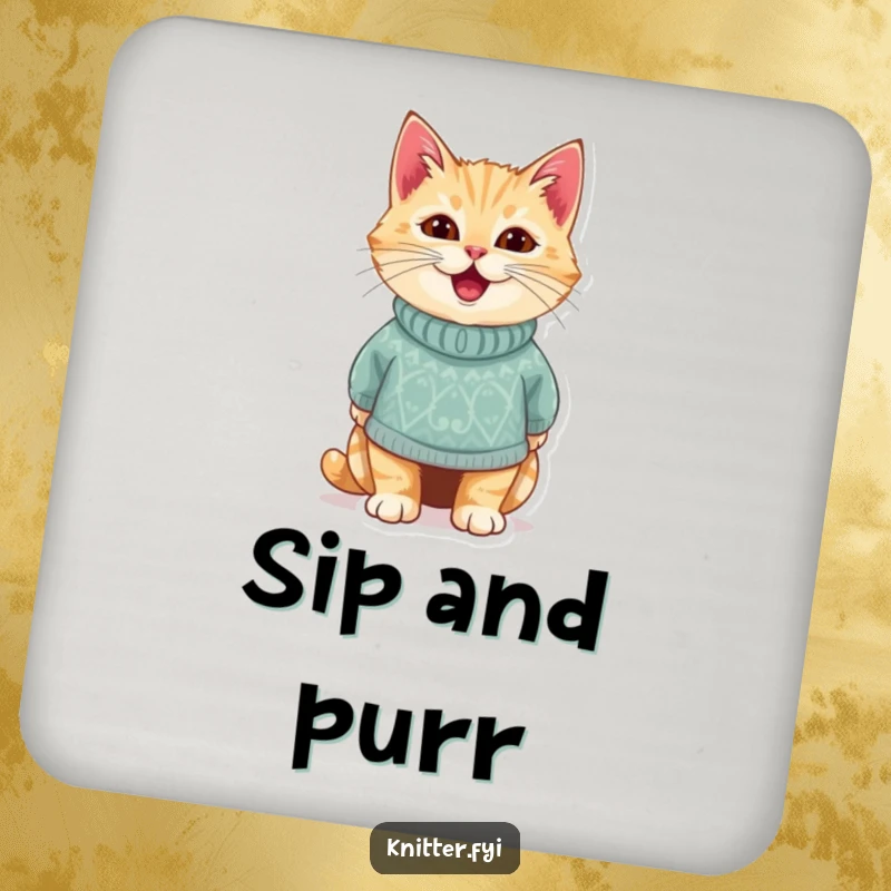 Funny drink coaster featuring a delighted cat wearing a miniature, handmade knitted sweater. Adorable and protective, a perfect funny gift.