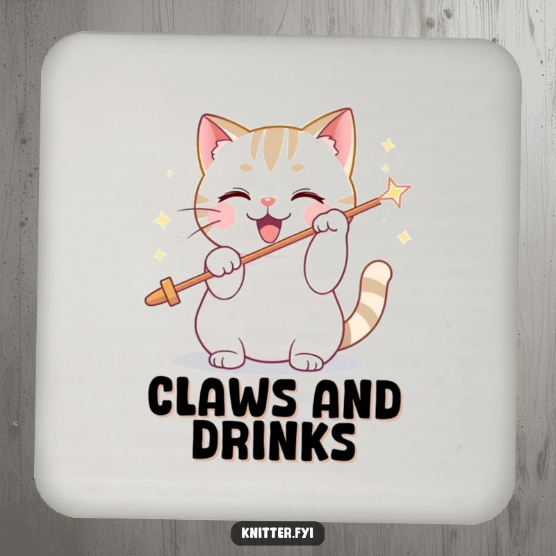 Funny drink coaster with a playful cat character threading a giant, sparkling needle, adding a touch of crafting whimsy.