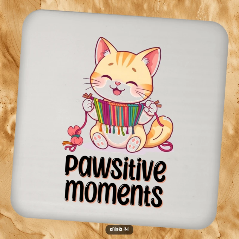 Happy cat character expertly weaving a tapestry with its paws, on a drink coaster.
