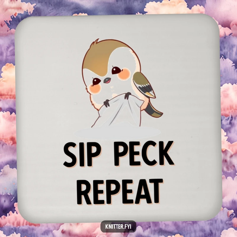 Funny drink coaster featuring a small, giggling chickadee bird playfully pecking at a piece of fabric.