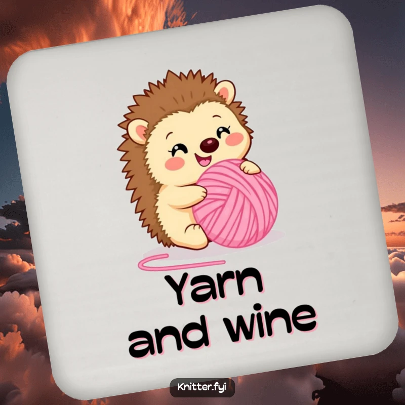 Funny drink coaster featuring a happy hedgehog rolling a ball of fuzzy pink yarn. Charming and protective for tables, a perfect funny gift.