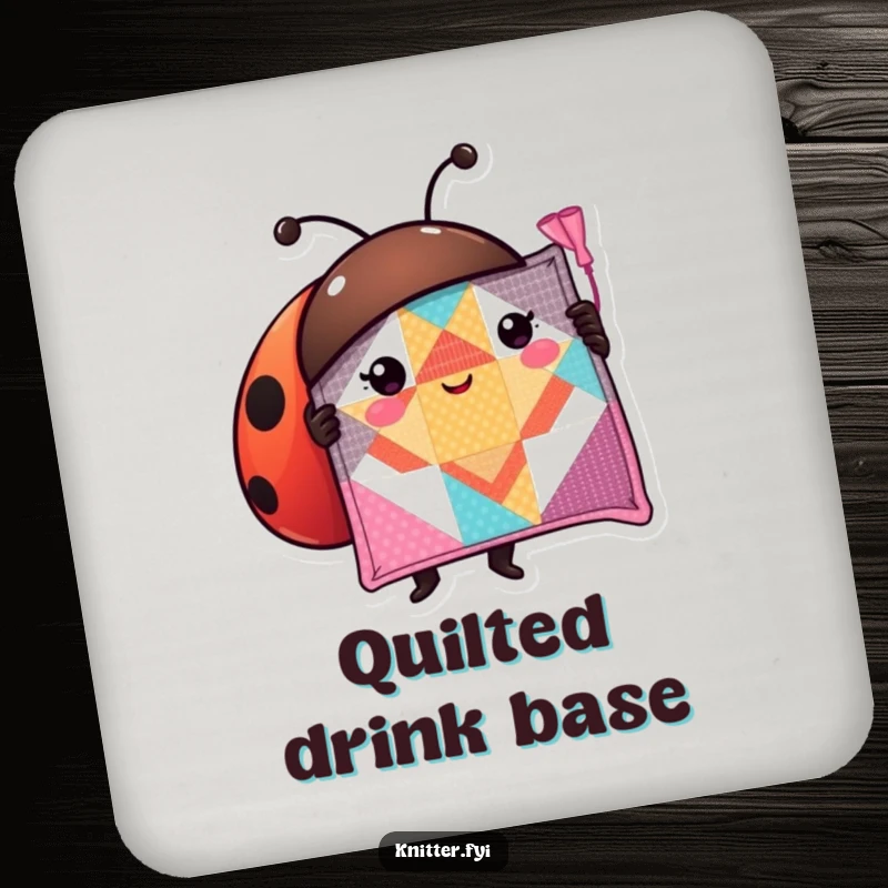 Funny ladybug drink coaster showing a proud character displaying a perfectly stitched quilt square, adding whimsy.