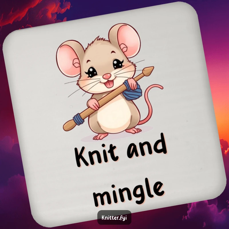 Funny mouse coaster, a small mouse holding oversized knitting needles with a determined grin, protecting surfaces with tenacity.