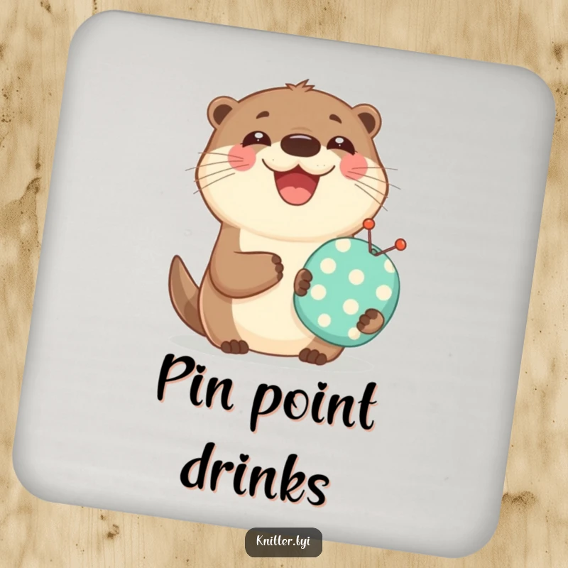 Funny coaster showing a happy otter holding a small pincushion and beaming, protecting surfaces with charm.