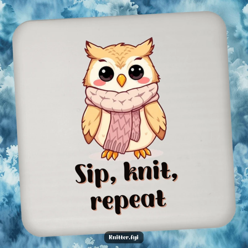 Funny owl knitting coasters with a happy owl showing off a knitted scarf, protecting surfaces with art.