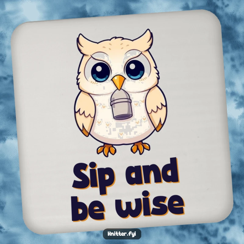 Funny owl drink coaster featuring a delighted owl with a thimble on its beak, perfect for protecting surfaces with humor.
