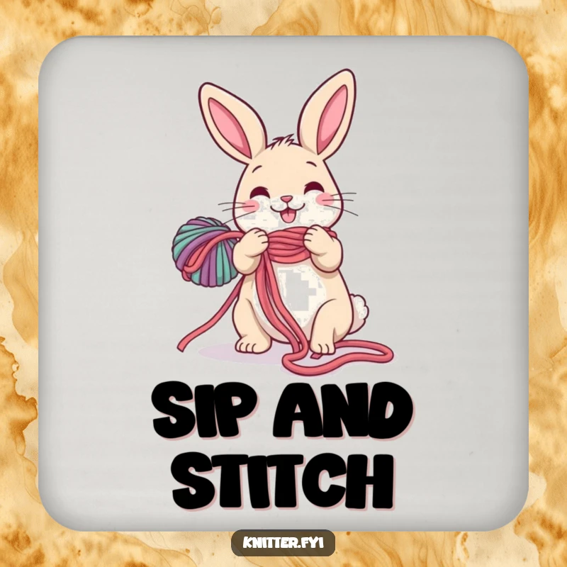 Funny Rabbit Drink Coaster: A happy rabbit is unravelling a long, colorful yarn ball, offering a humorous surface protector.