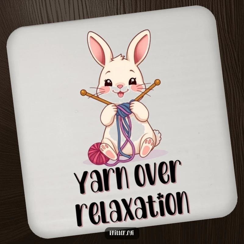 Funny rabbit coasters depicting a cheerful bunny winding yarn onto knitting needles, adding crafty flair and surface protection.
