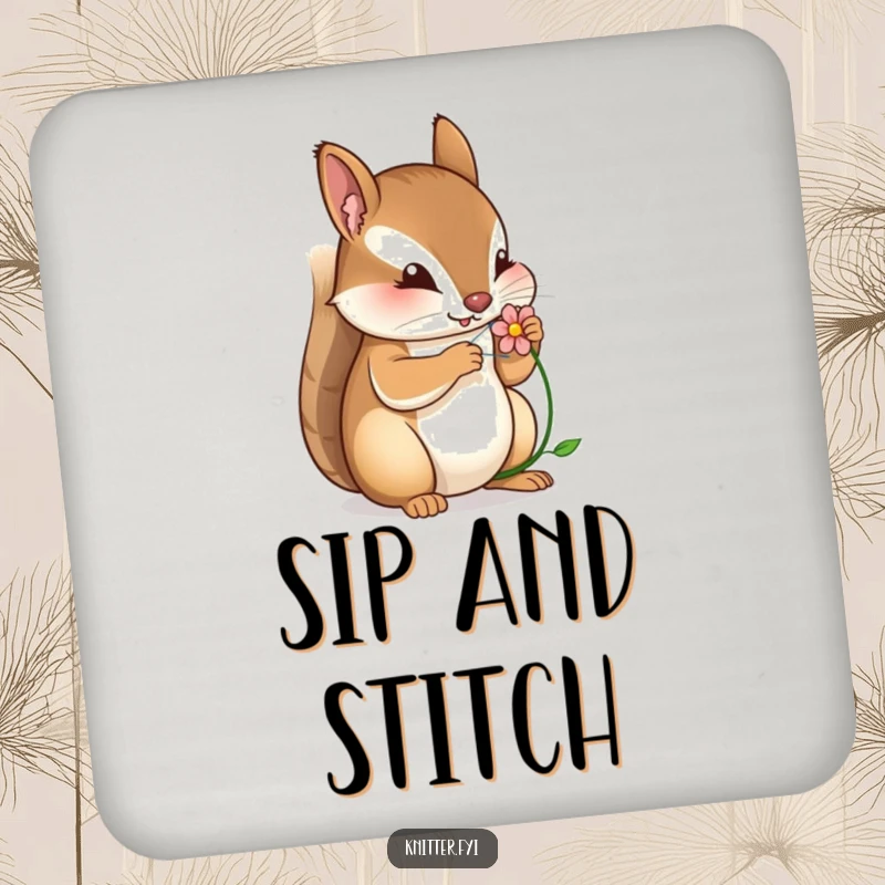 Funny drink coaster showcasing a squirrel intently focused on stitching a tiny flower, adding humor.