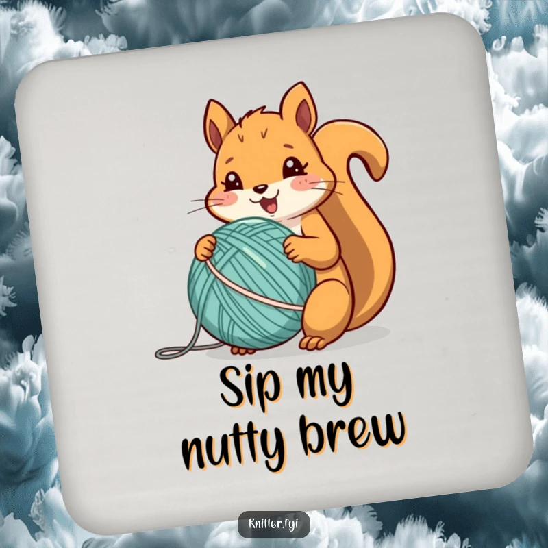 Funny squirrel coaster featuring a cheerful animal enthusiastically winding a perfect ball of yarn, adding decor.