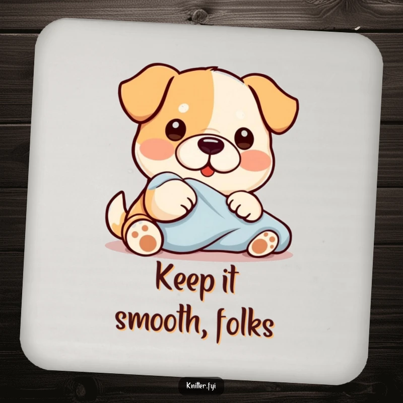 Funny Kawaii dog character diligently smoothing fabric with its paw, a protective and humorous drink coaster.