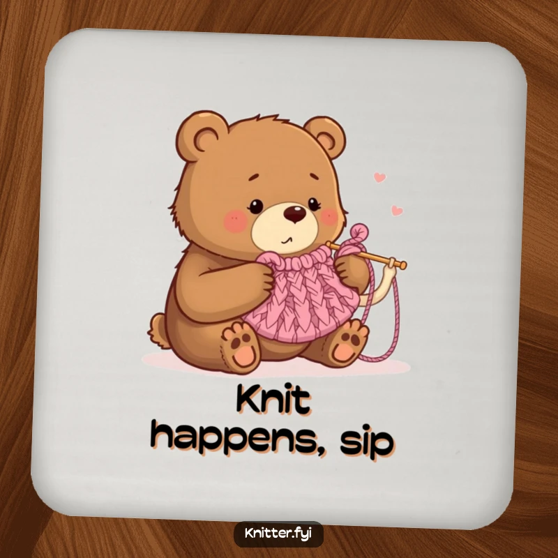 Funny drink coaster showcasing a bear humorously attempting to knit a small tea cozy with oversized needles.