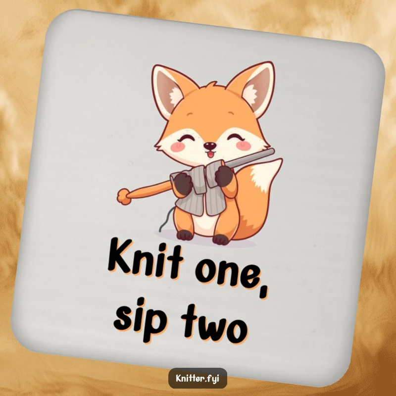 Funny fox coasters depicting a playful fox holding oversized knitting needles, protecting surfaces with humor and style.