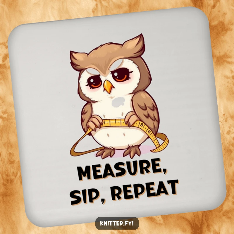 Funny drink coaster with a determined owl character expertly measuring fabric with a tiny, shiny tape measure, adding a touch of precision.