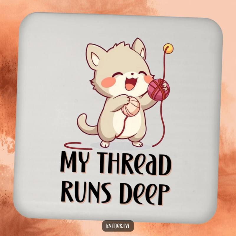 Funny drink coaster featuring an energetic creature playfully batting a dangling thread from a ball of yarn, adding humor to tabletops.