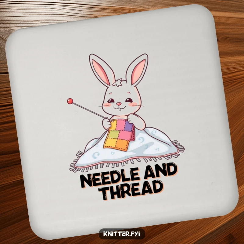 Funny drink coaster with a happy rabbit character sewing a colorful patch onto a blanket, adding a touch of crafting whimsy.