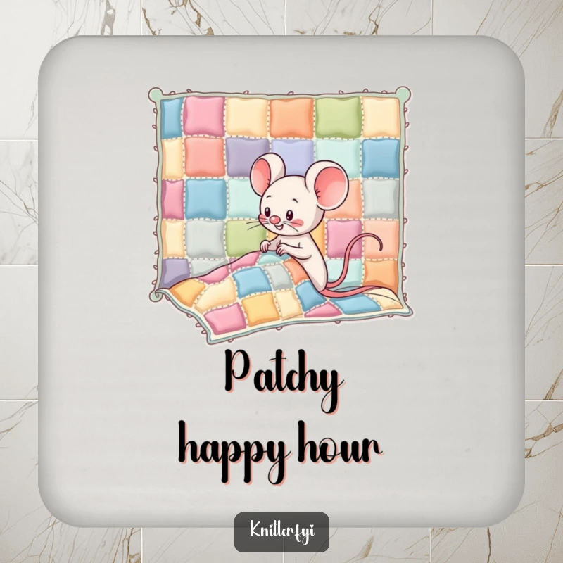 Funny Kawaii mouse character giggling while sewing colorful patches onto a wobbly quilt, a protective and humorous drink coaster.