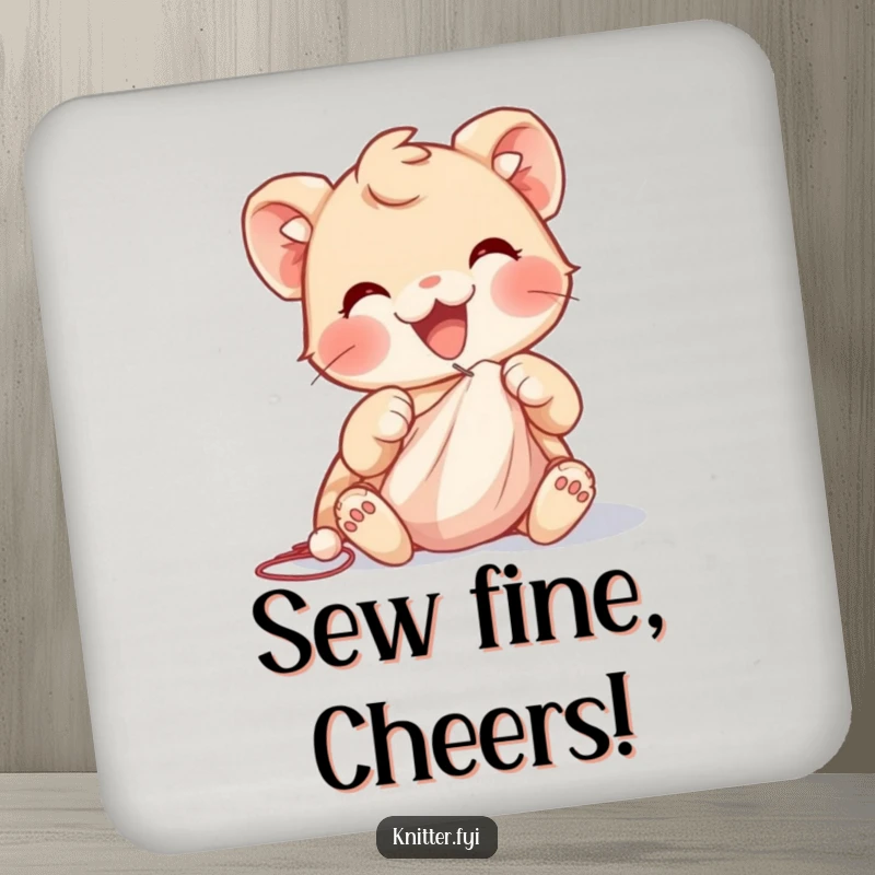 Funny drink coaster featuring a delighted creature with nimble paws expertly guiding a needle through soft cloth, celebrating sewing.