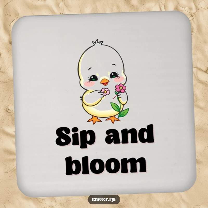 Funny Drink Coaster showcasing a sweet chick carefully embroidering a tiny, smiling flower, a humorous addition to any table.