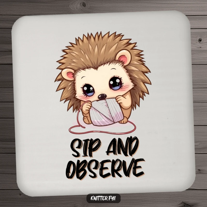 Funny Drink Coaster showcasing a curious hedgehog with wide eyes, examining a spool of shimmering thread, a humorous addition to any table.