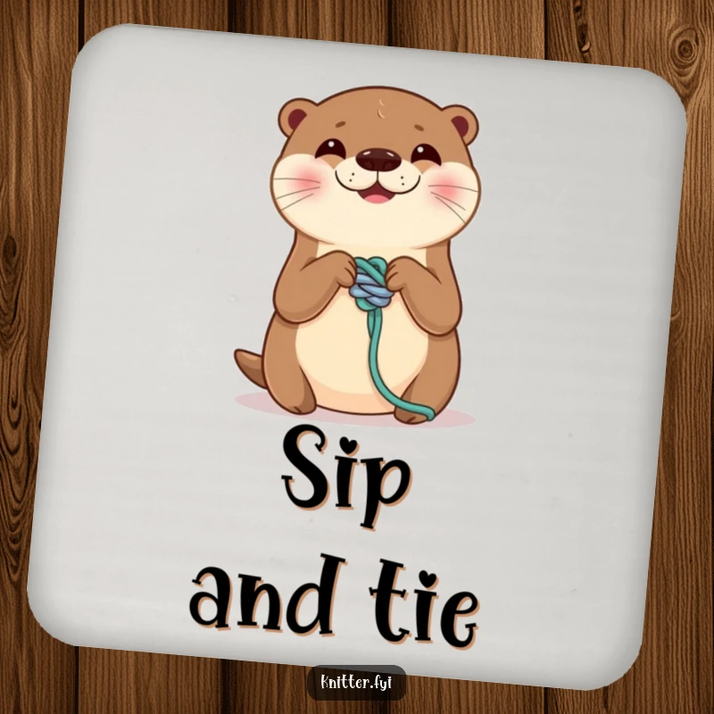 Funny drink coaster featuring a smiling otter meticulously tying a perfect knot on a yarn strand. Charming and protective for tables, a perfect funny gift.